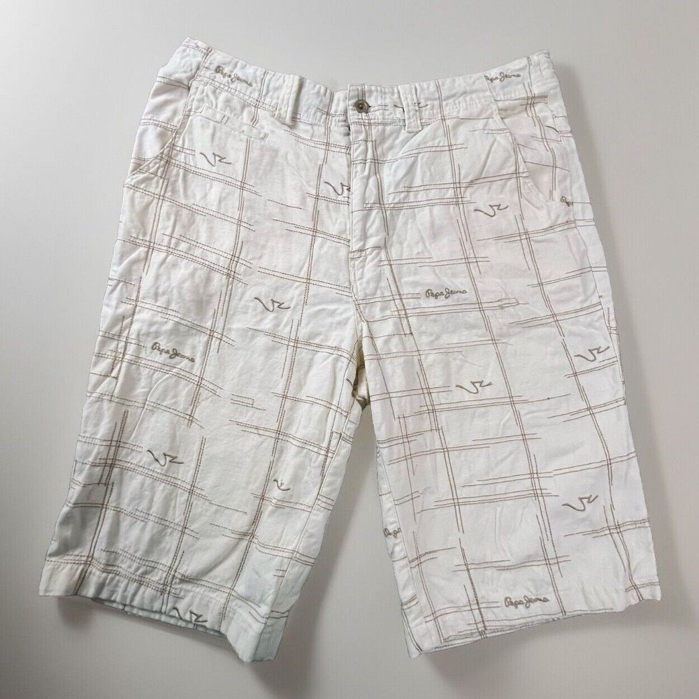 Pepe Jeans London Shorts Mens 38 Cream Embroidered Grid Logo Y2K Streetwear